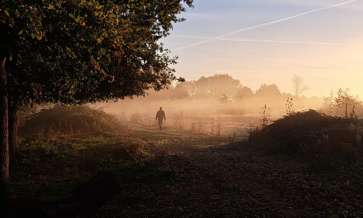 Wandelende man met zonsopgang in de mist